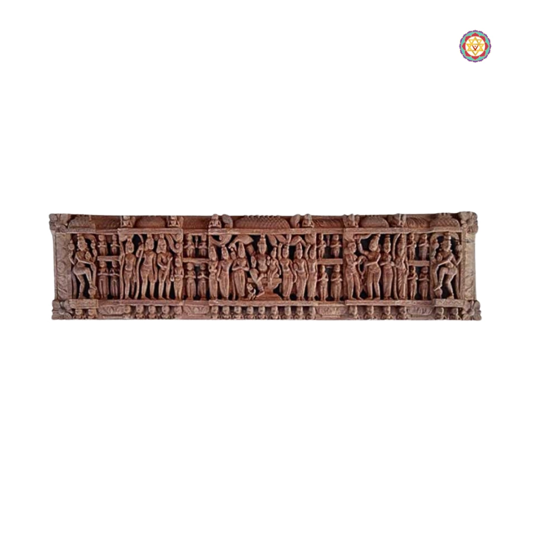 Handcarved panel featuring divine couple Shiva-Parvati – traditional Indian spiritual wall art.