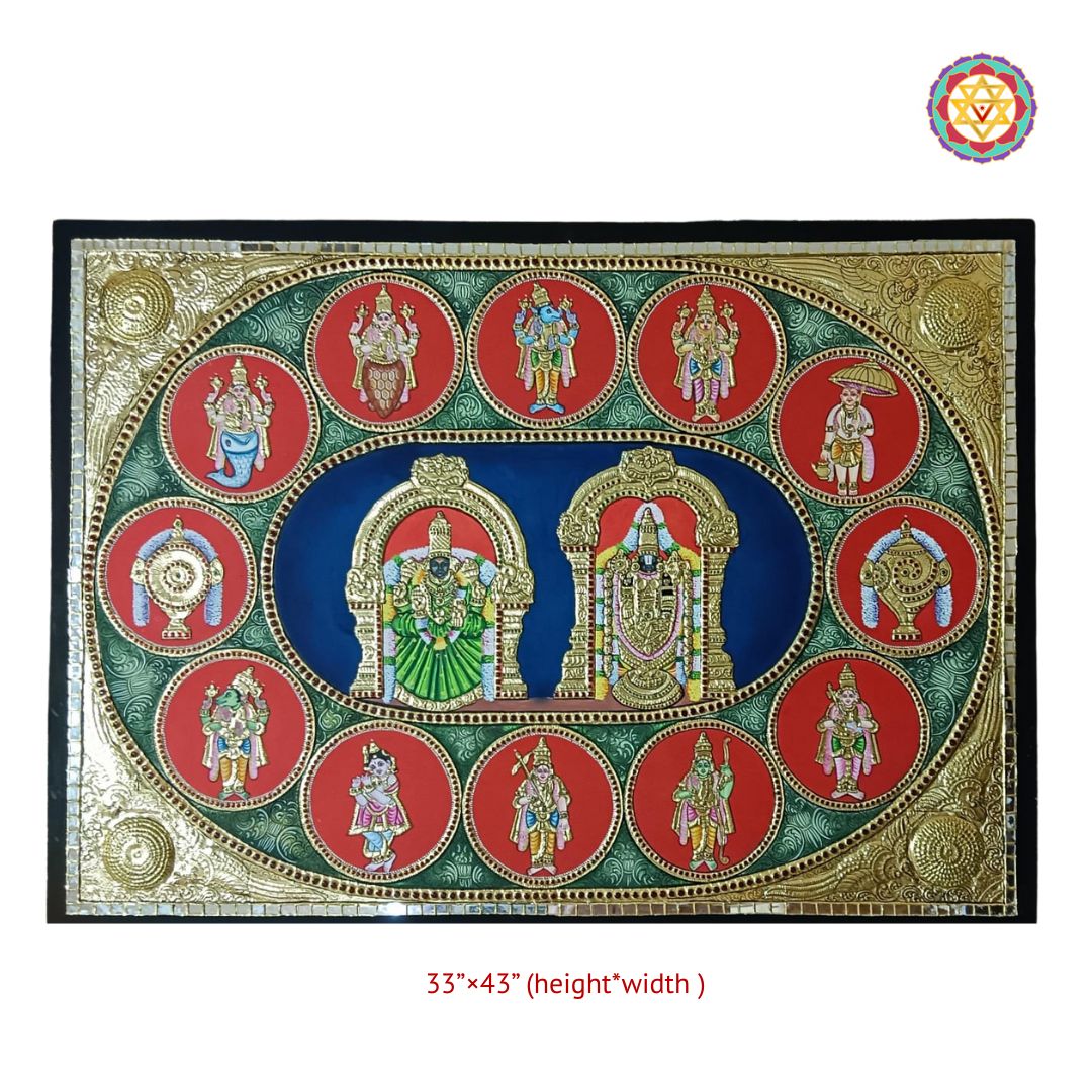 Handmade Tanjore – Tirupati Balaji with Padmavati &amp; Detailed Dashavatar Border | 24K Gold & Teakwood Frame