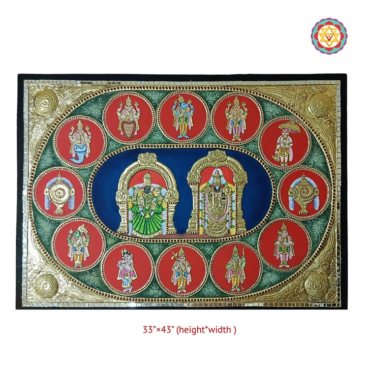 Handmade Tanjore – Tirupati Balaji with Padmavati &amp; Detailed Dashavatar Border | 24K Gold & Teakwood Frame