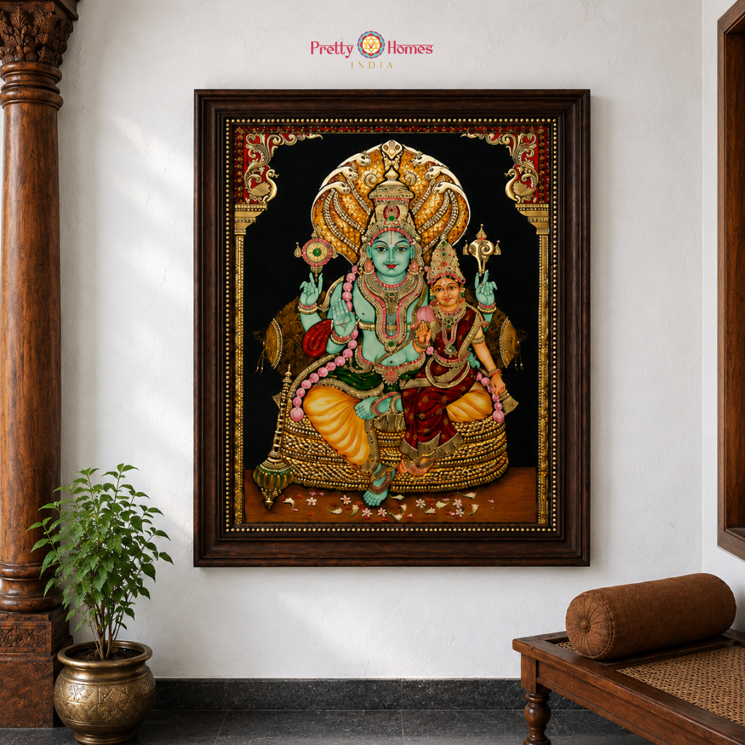 Aesthetic Lord Vishnu & Goddess Lakshmi Tanjore in Real Gold
