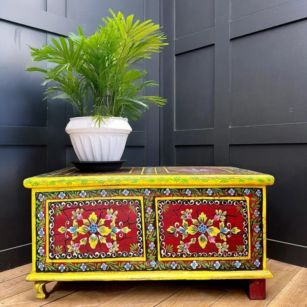 handcrafted wooden storage trunk coffee table with floral paintings