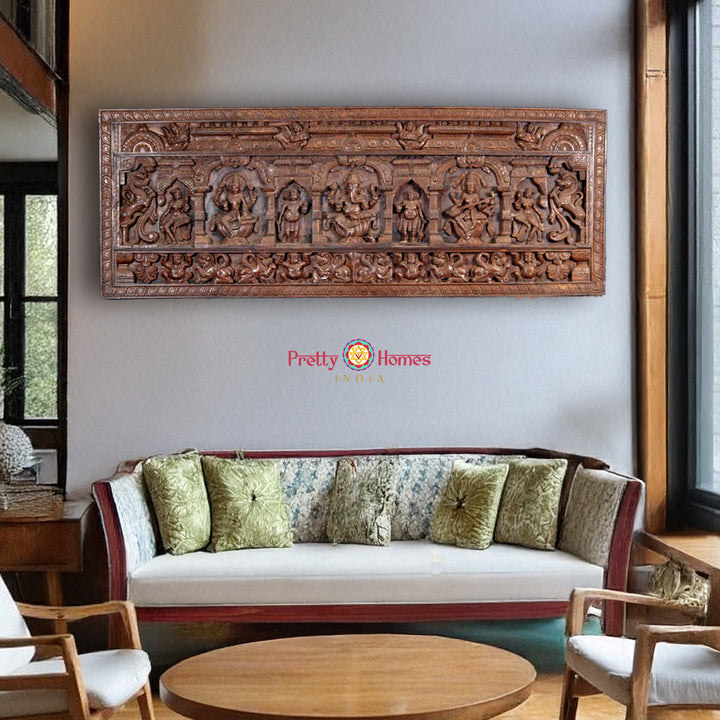 Ganesha-Lakshmi-Saraswati — 60” Handcrafted Wood Panel with Apsaras & Yalis for Heritage Interiors