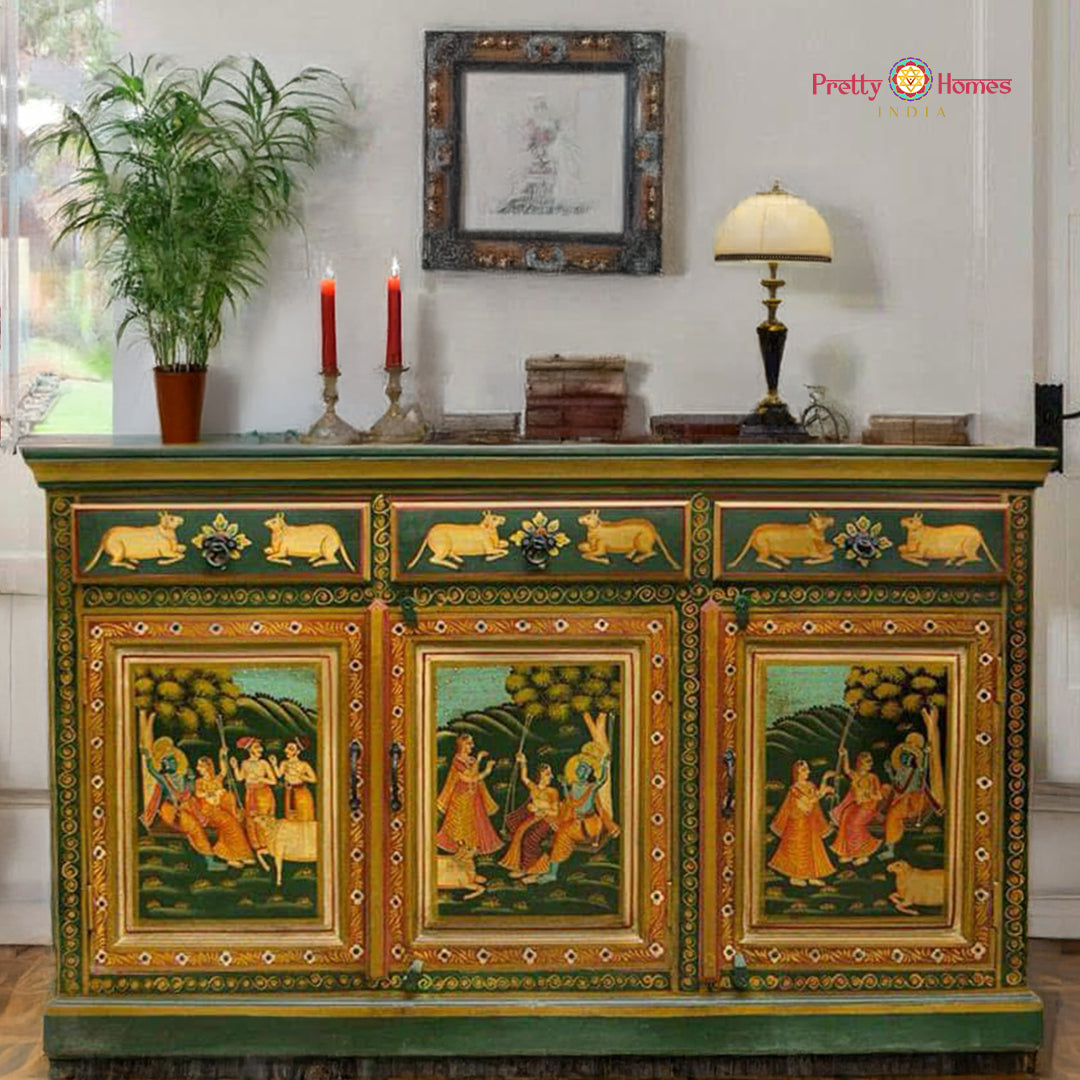 Hand-painted pichwai painting of Rajasthan on wooden sideboard featuring Krishna with gopikas and sacred cows. Ideal for pichwai home decor.