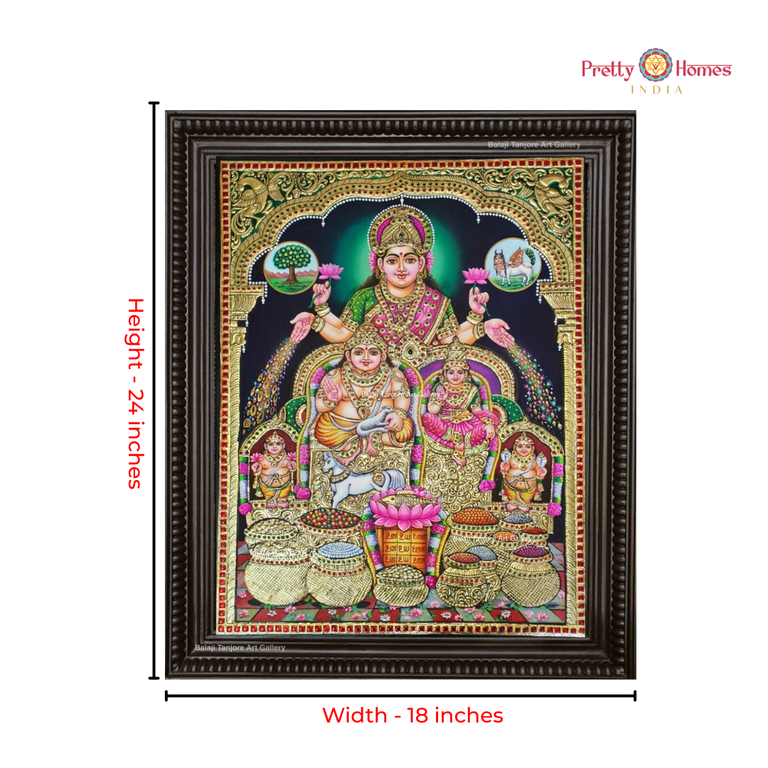 Divine Lord Kubera with Goddess Lakshmi Tanjore Painting in Real Gold