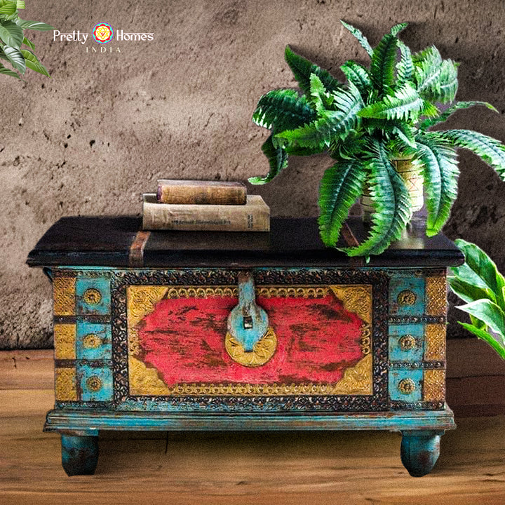 Red and Blue Wooden Chest/Trunk with Brass Work.