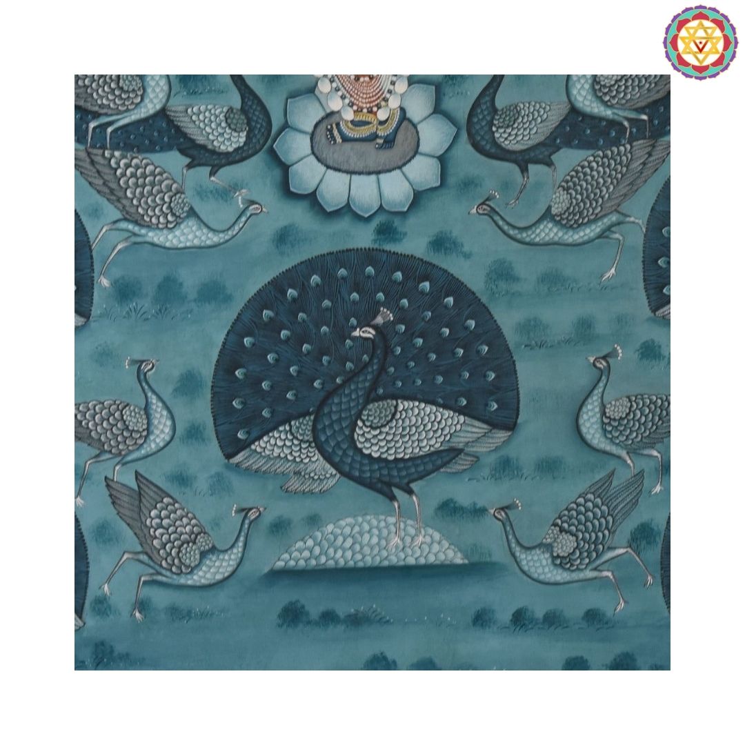 blue shrinathji darshan pichwai detailed view with handpainted motifs