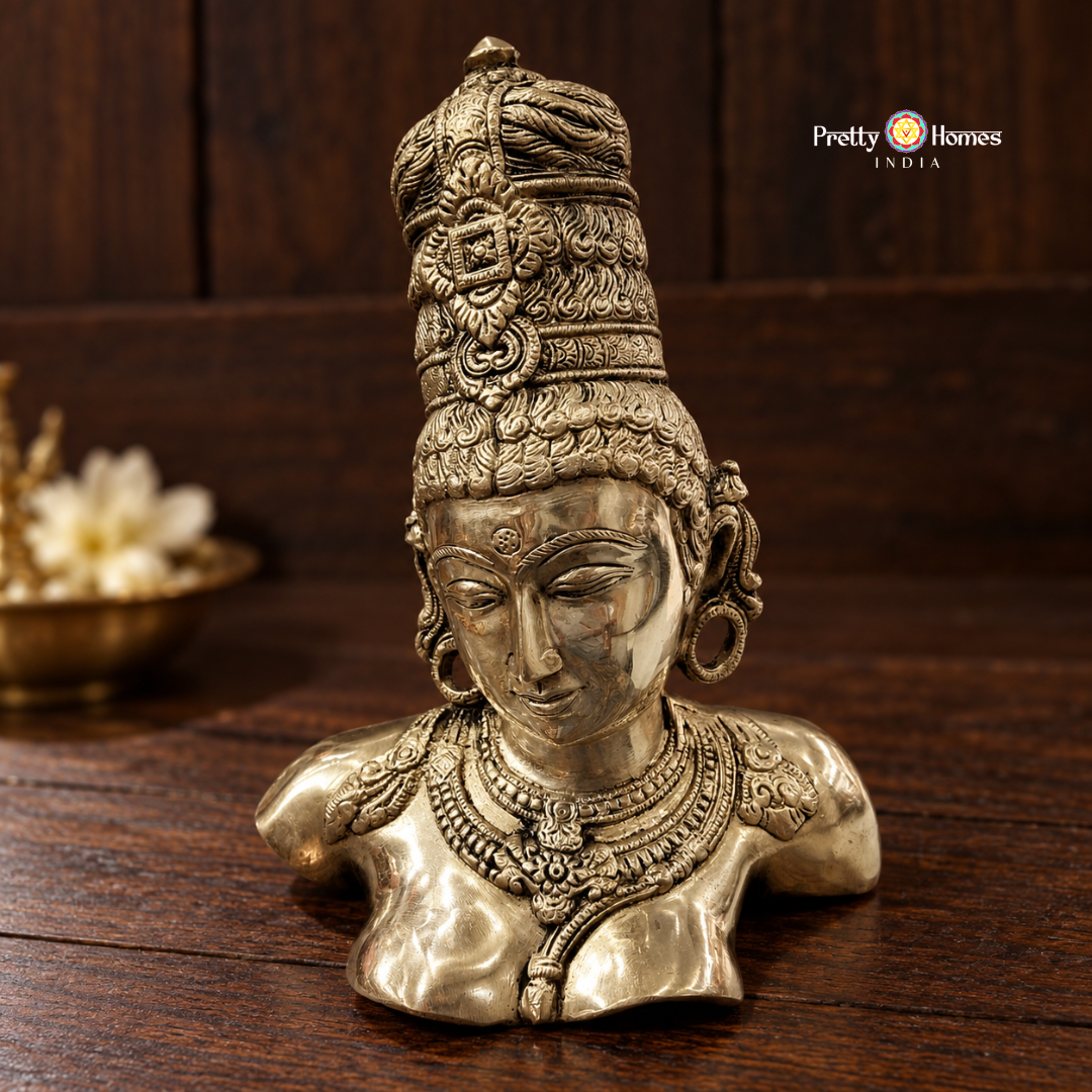 Goddess Lalita Parvati Brass Bust – Natural Brass Finish