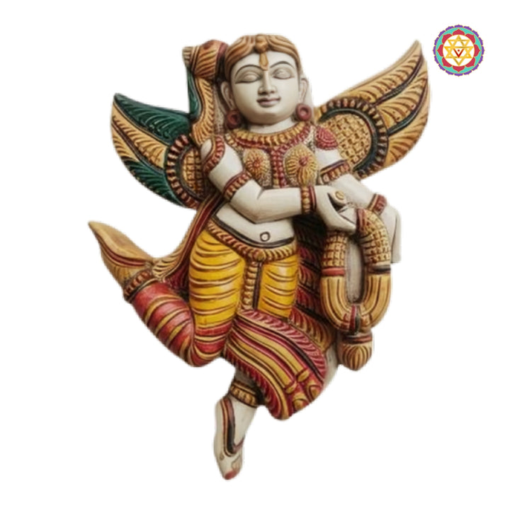 Handcrafted Gandharva angel wooden wall art pair with garland design for spiritual interiors