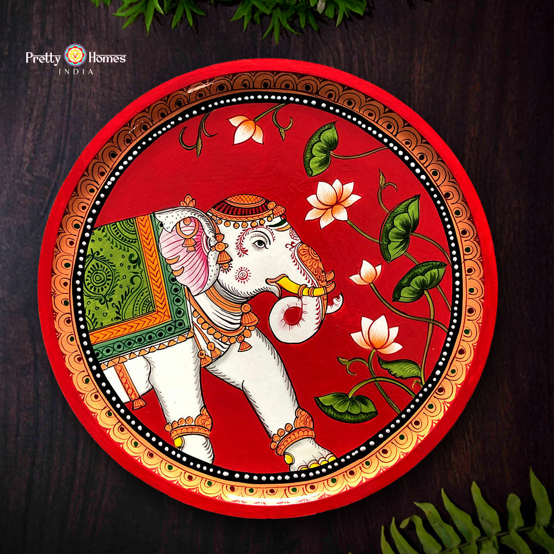 Handpainted vintage elephant Pichwai decorative wall plate for luxury temple and home interiors