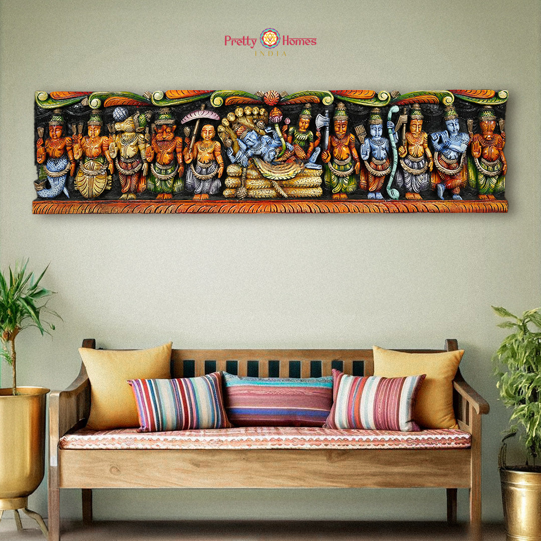 woodcarved dasavatar panel with resting vishnu full front display