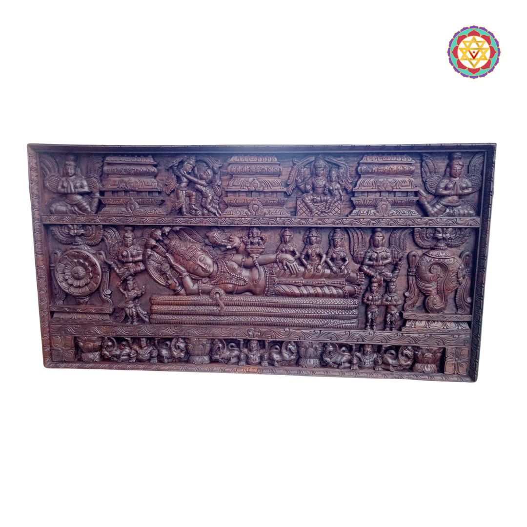 Decorative wooden panel with intricate carvings on a white background - Panel view showing Garuda, Shiva, and Parvati carvings

