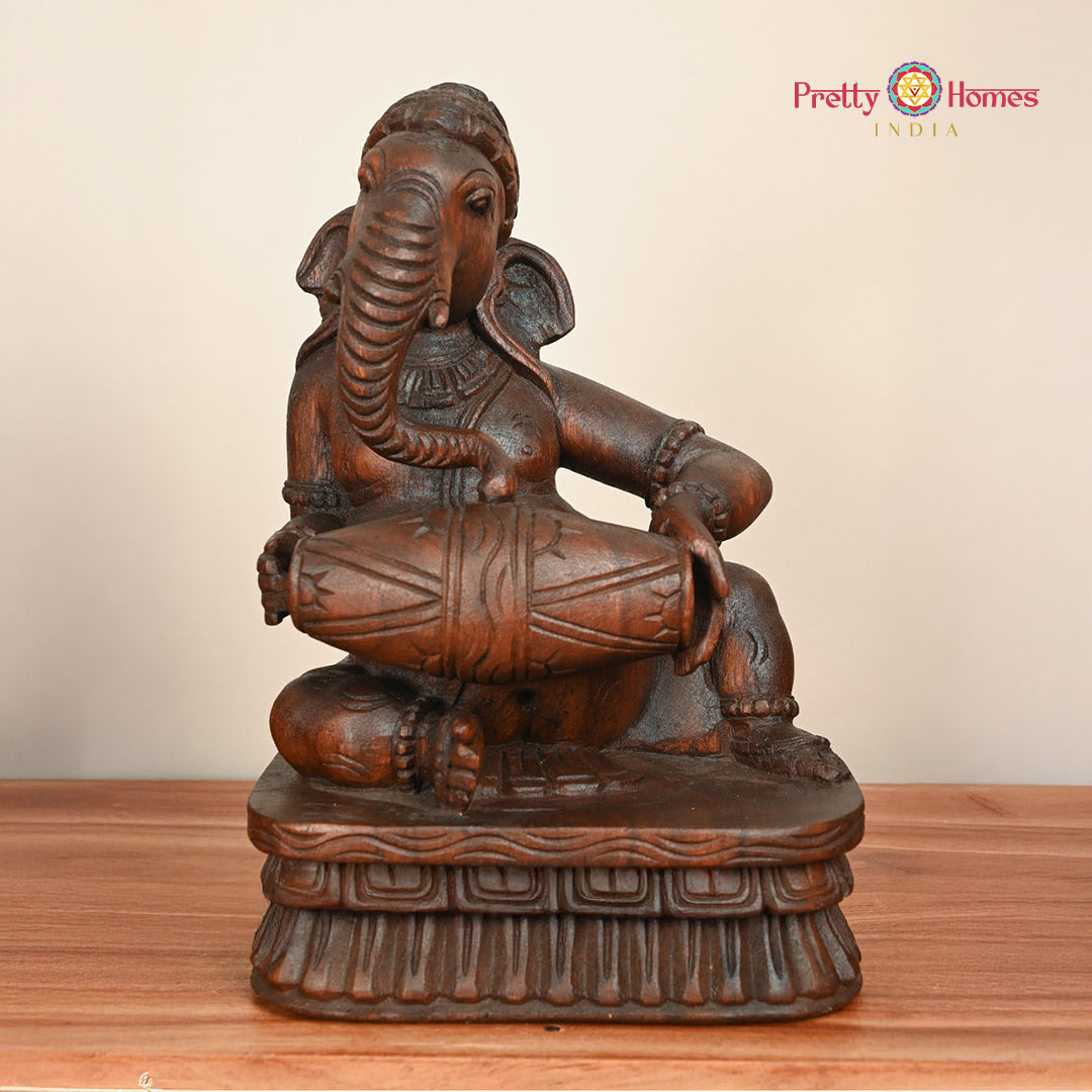 Woodcarved Ganesha Statue/Sculpture ,Playing Musical instruments (Single)