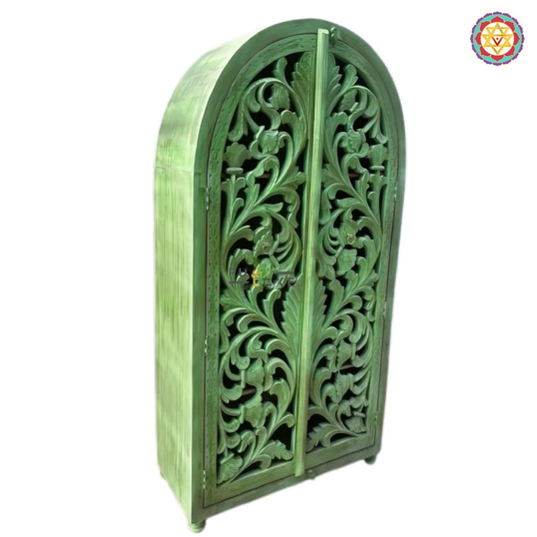 Hand-Carved Arched Storage Cabinet – Rustic Green