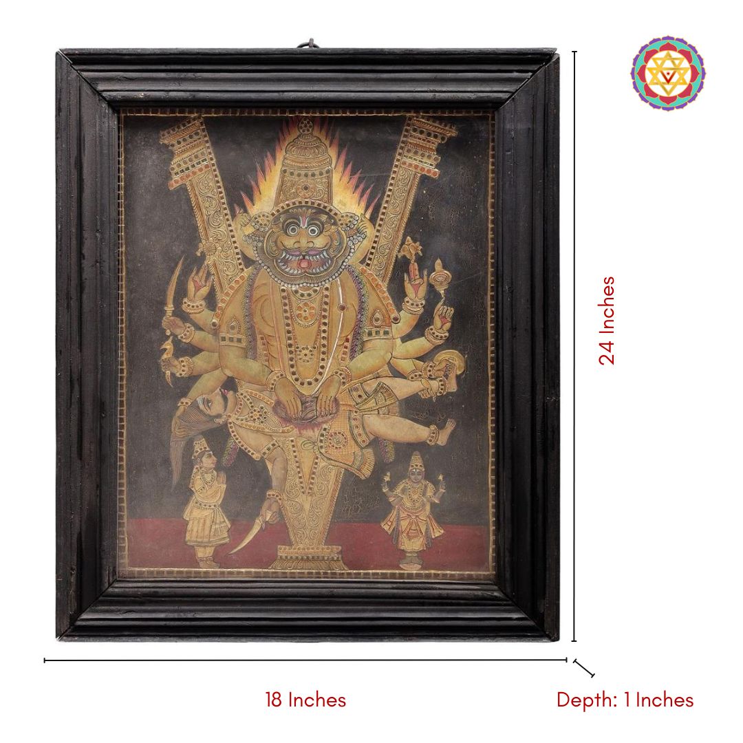 Antique tanjore painting of Lord Narasimha overpowering evil