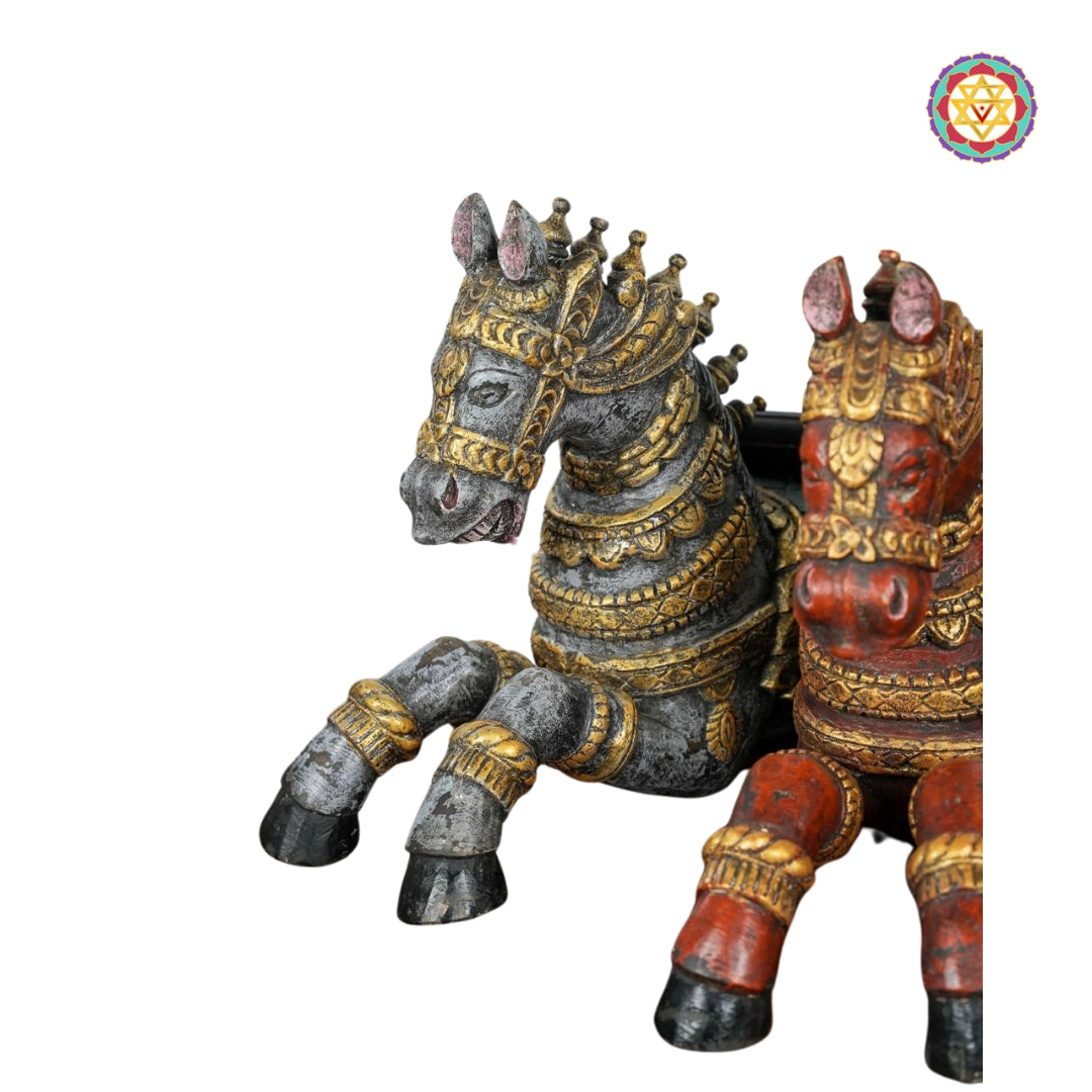 Decorative horse carvings adding rustic charm to living room wall