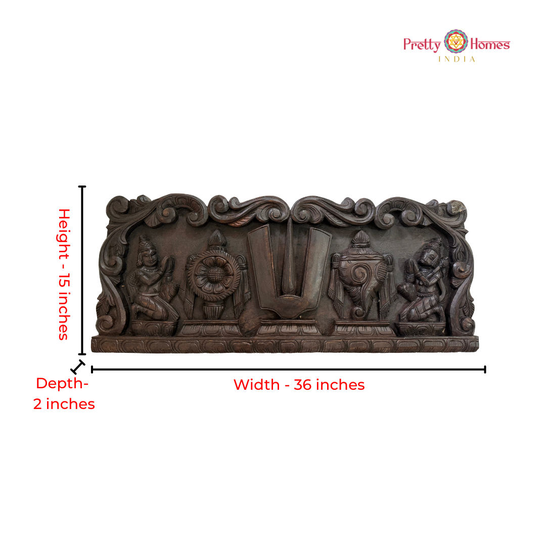 Handcrafted Shankha Chakra Namam Horizontal Wooden Panel with Garuda & Hanuman