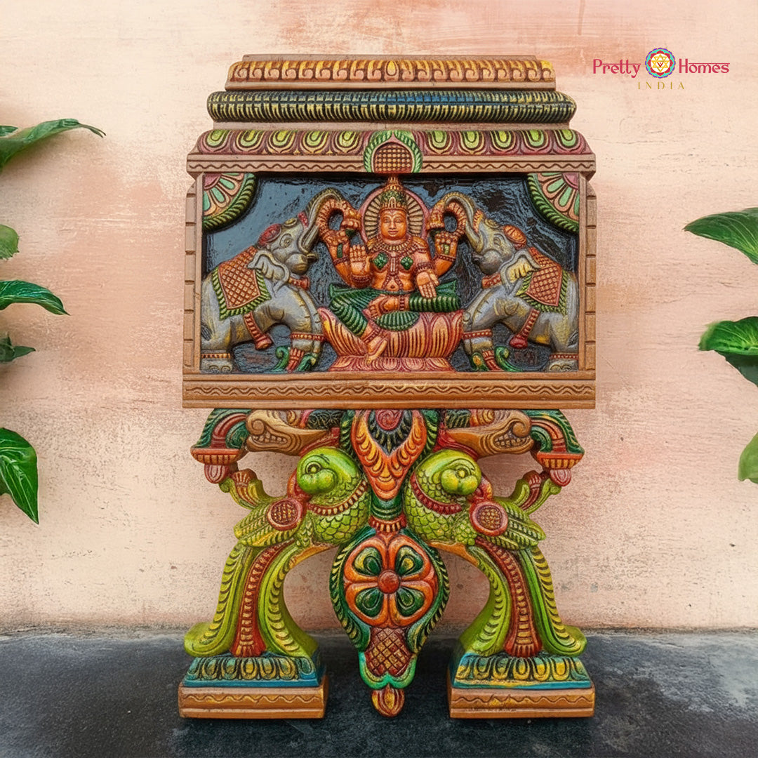 Wood Carved Gajalakshmi Kavadi Panel with Parrots – Temple Inspired Devotional Wall Decor