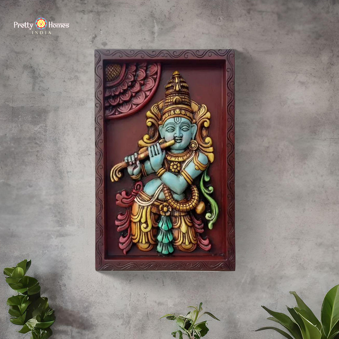 Front view of fluting Krishna wooden frame showing divine posture and detailed handcarved design