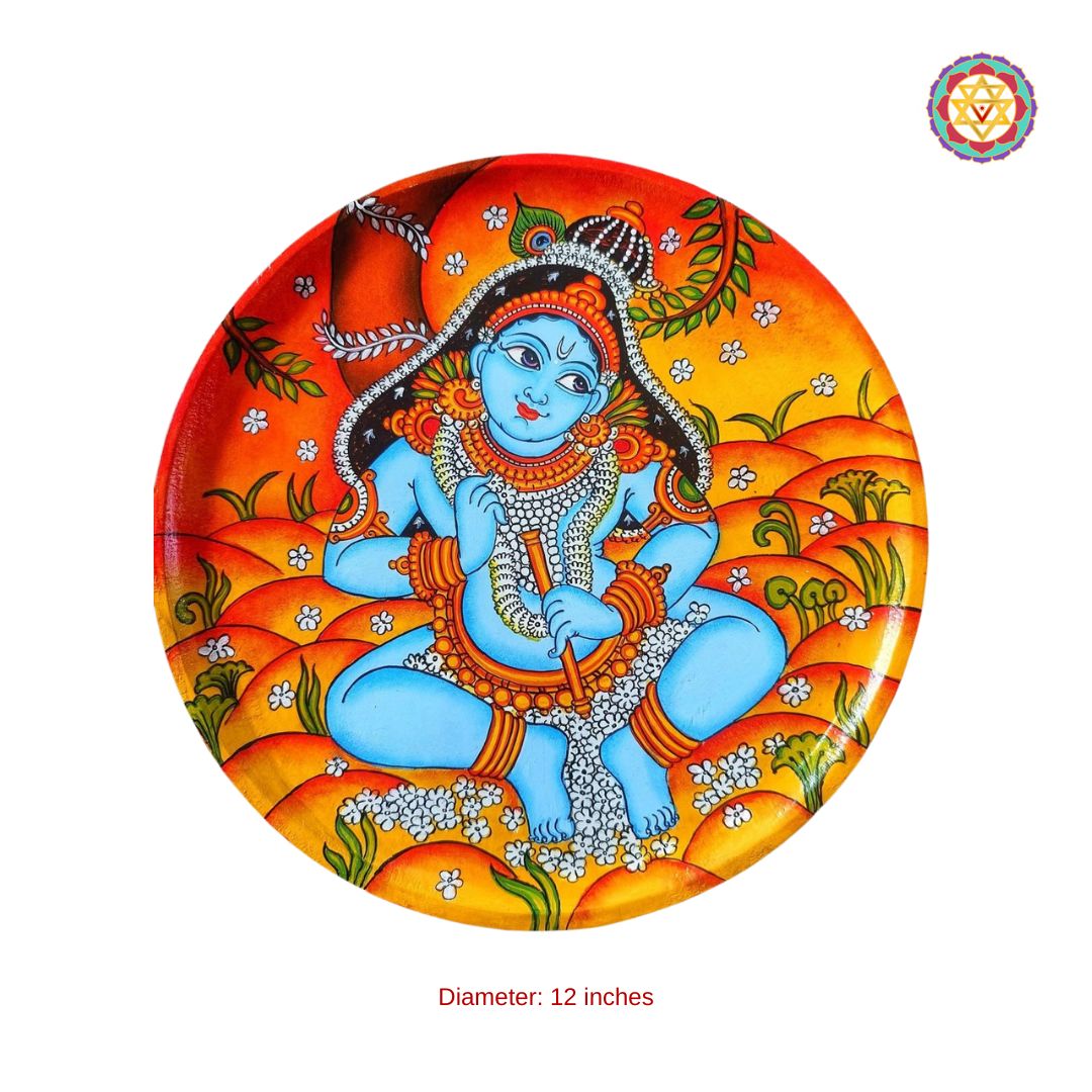 close-up angle of Bal Krishna mural plate highlighting traditional Kerala artistry