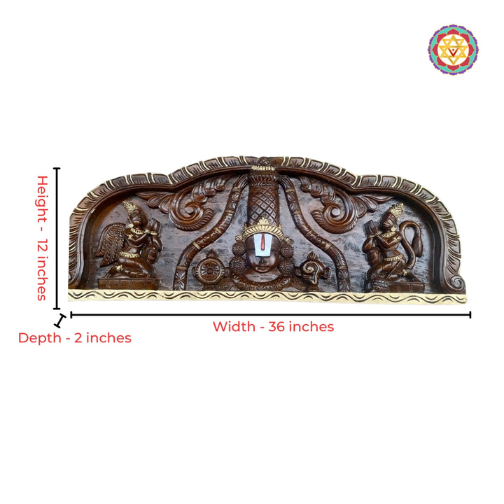 Close-up detailing of Balaji carving in antique gold horizontal wooden panel