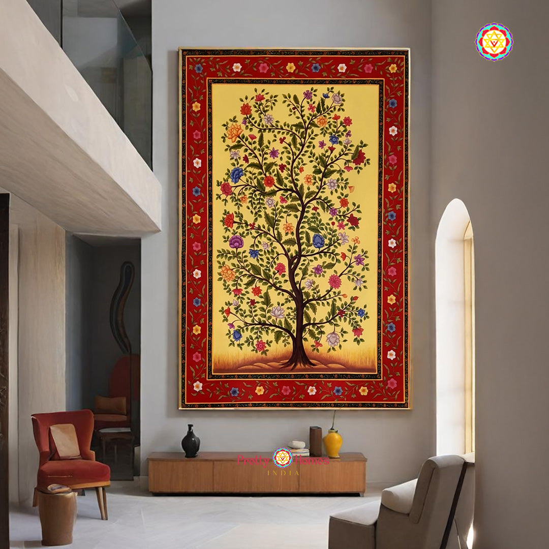 Tree of life pichwai painting symbolizing positivity and prosperity