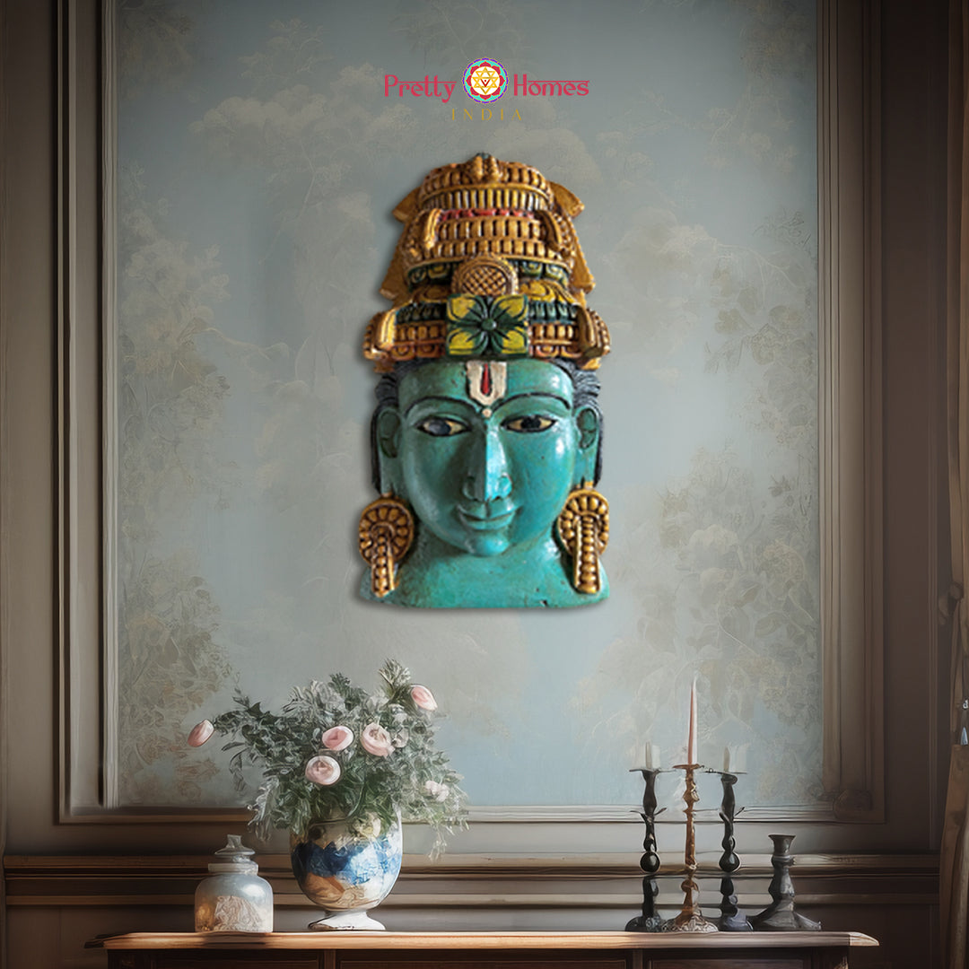 Vintage rustic blue Vishnu wall mask sculpture hand-carved in wood