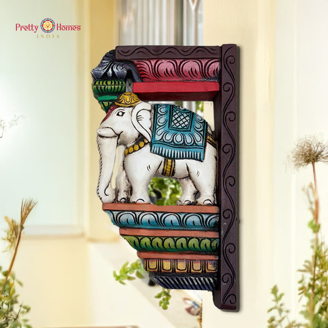 wood carved up elephant bracket rustic white antique finish