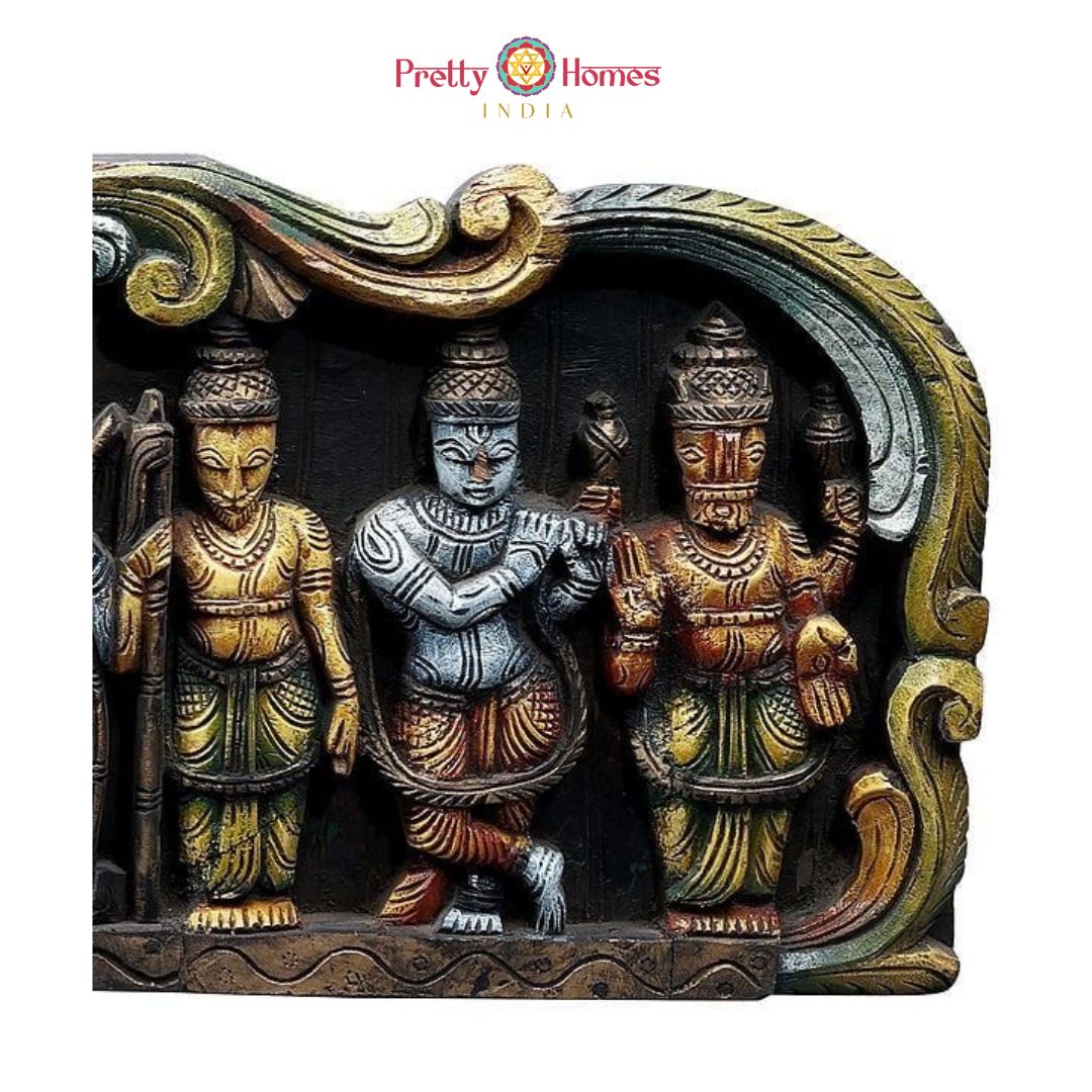 Close-up of Vishnu’s avatars on carved panel — detailed woodwork and antique polish finish, heritage wall decor