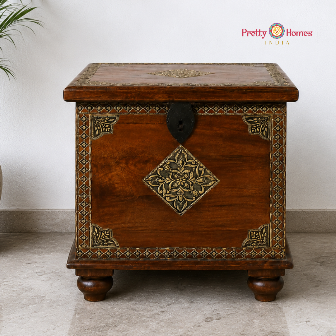 Handmade Hand Carved Storage Box For Blanket | Traditional Trunk Accent Table | Side Table