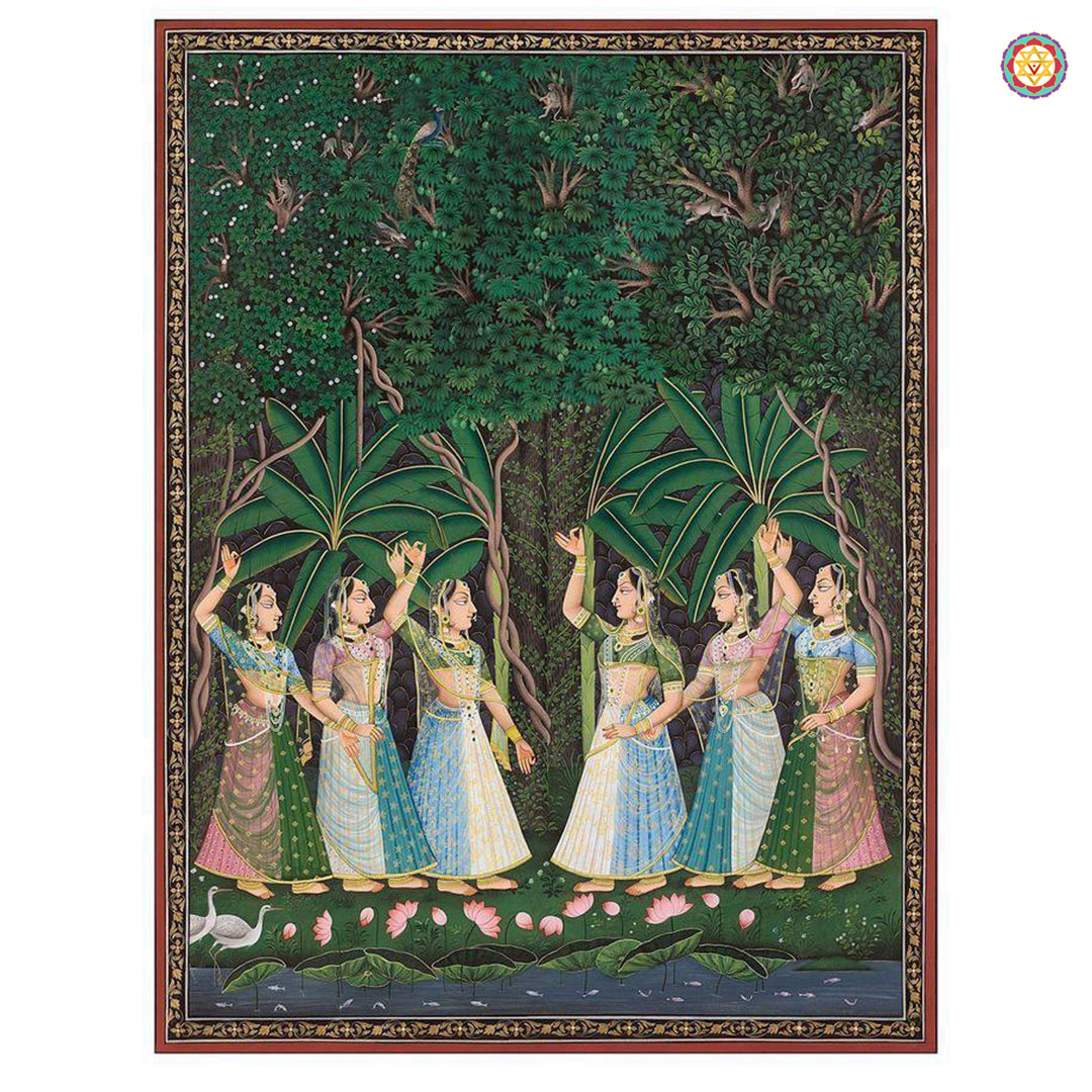 Traditional Pichwai artwork of gopis and Krishna with detailed floral border