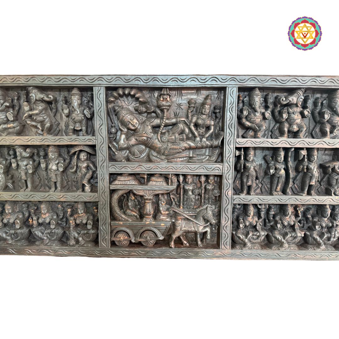 Angle view showing depth and fine craftsmanship of Mahavishnu chariot carving