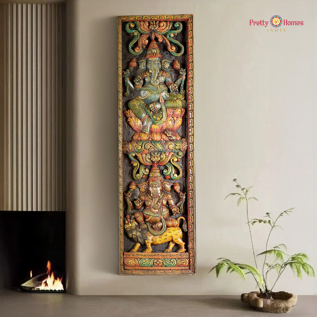Handcarved vertical Ganesha panel with yali and floral detailing