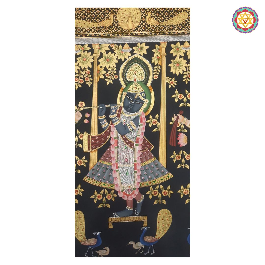 full scene showing gopikas worshipping krishna in horizontal panel