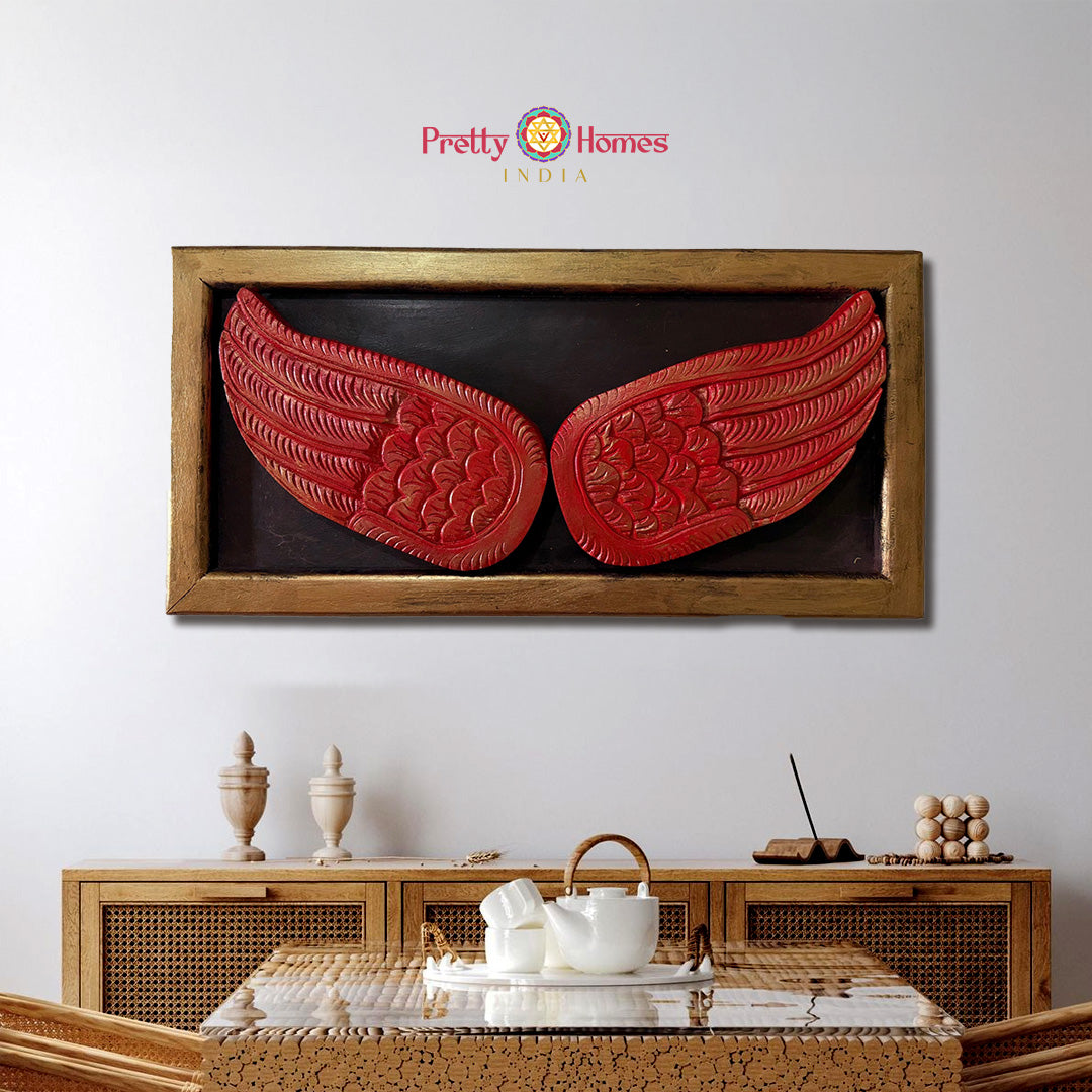 Woodcarved angel wings frame wall décor full front view