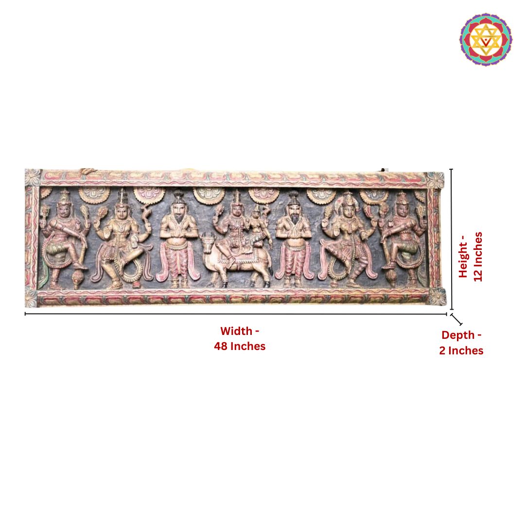horizontal antique style carved panel shiva parvati on nandi with deities lifestyle image showing carved panel mounted on wall