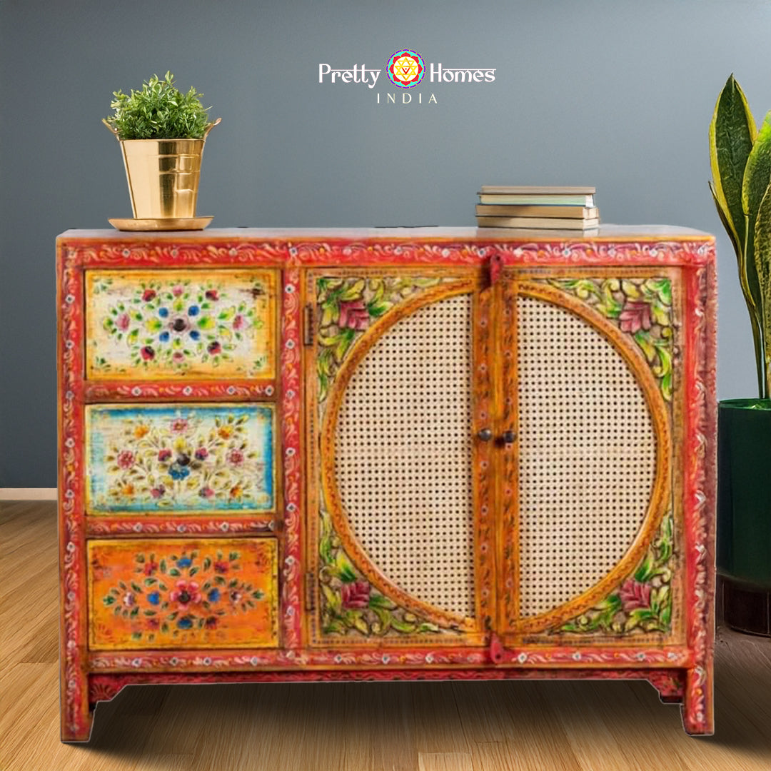 Hand-painted Wooden Sideboard/cabinet with Rattan work.