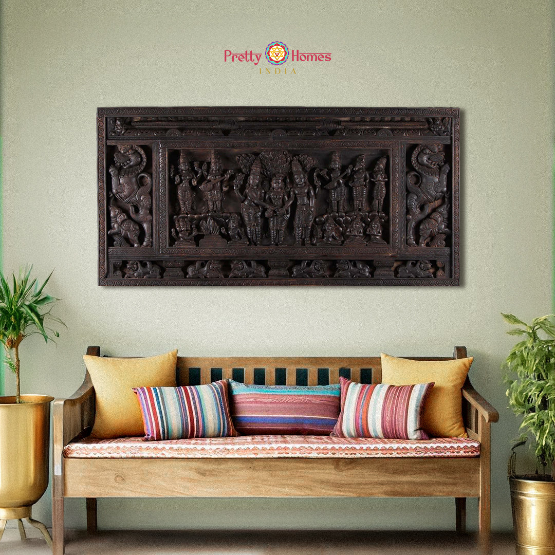 Wooden Shiva Parvati wedding wall panel with Vishnu