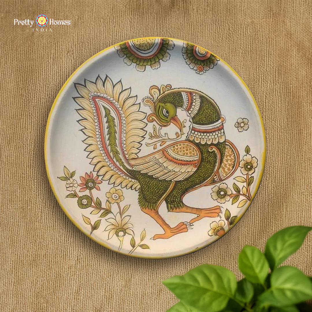 kalamkari style peacock hand painted wall plate wooden decor