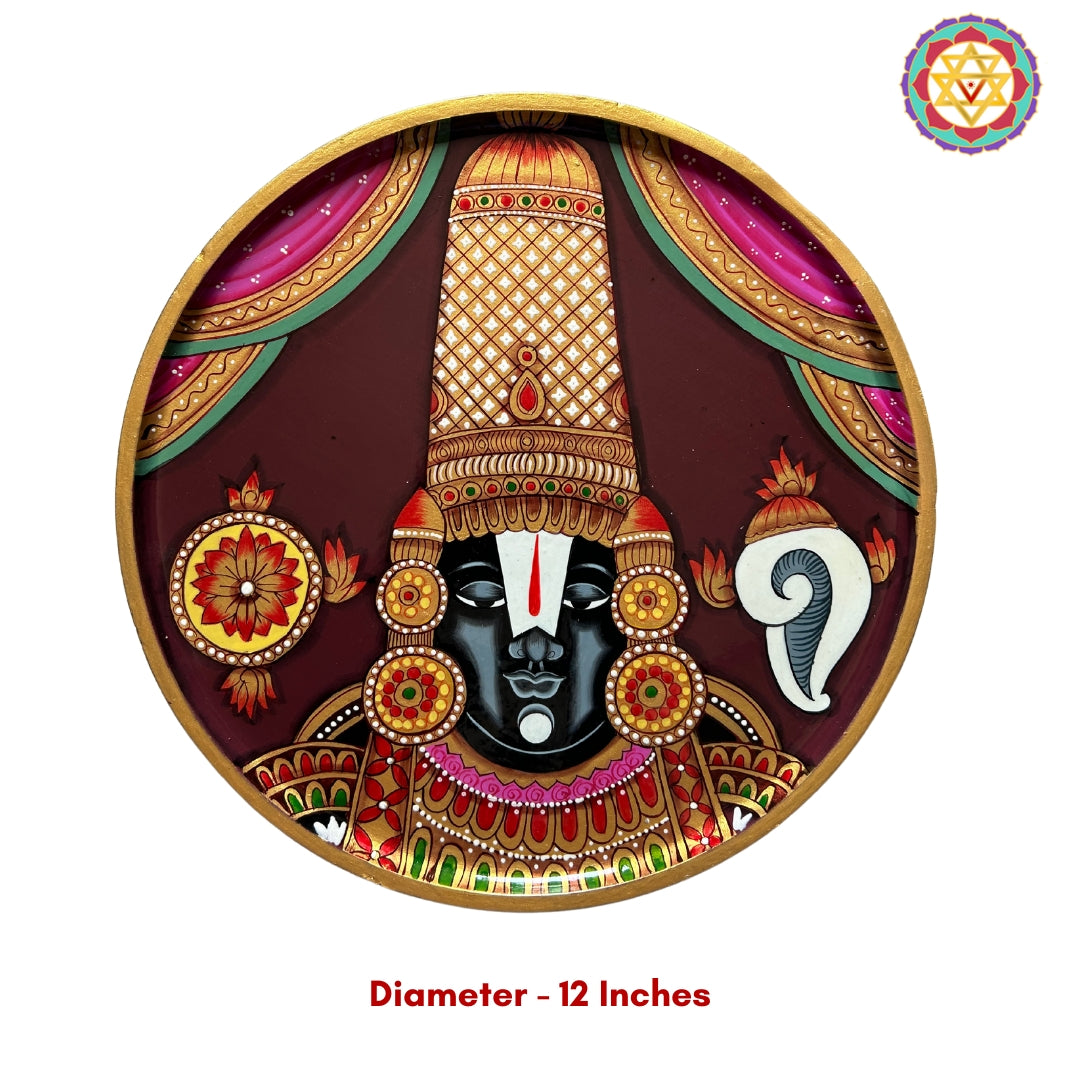 12-inch round pichwai wall art plate with intricate Balaji artwork and vivid detailing, handcrafted on wood.