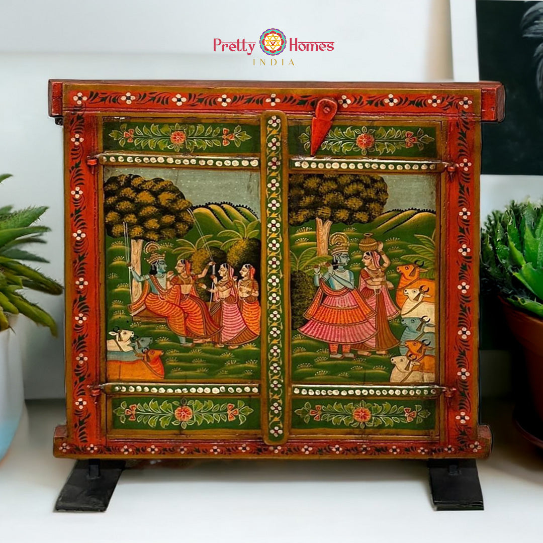 Handpainted Pichwai inspired decorative wooden window panel tabletop view