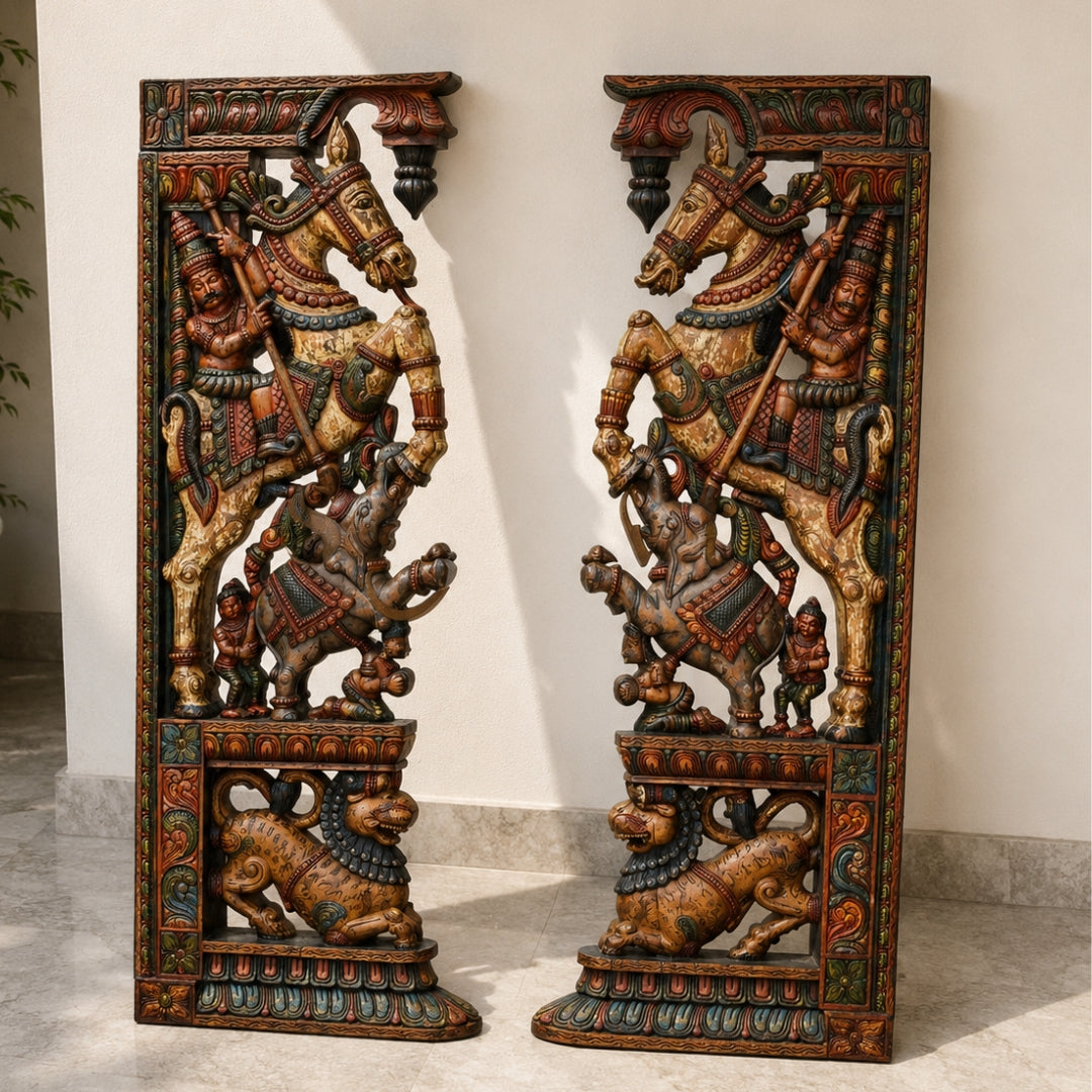 Wood-Carved Architectural Wall Brackets with Yali & Riders (Pair)