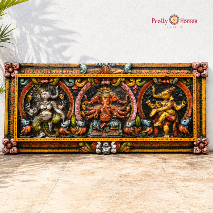 Wood-Carved Trisund Ganpati Panel with Dancing Ganesha Carvings