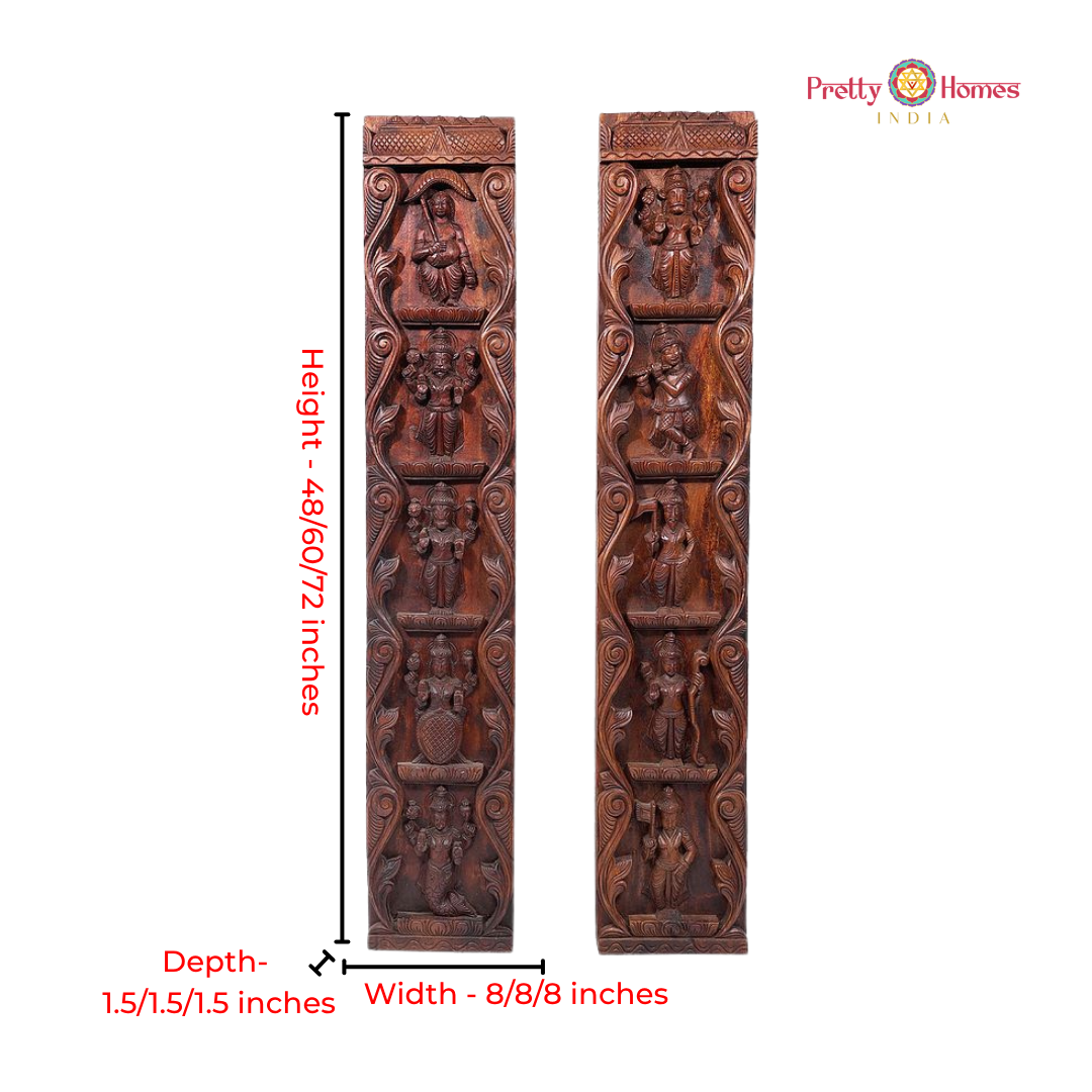 Vertical Vishnu Dasavtar Woodcarved Wall Panel Pair