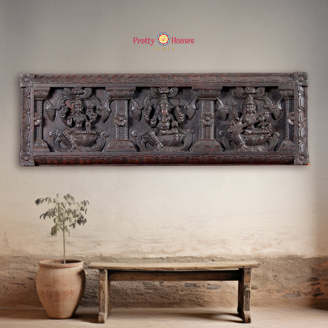 Decorative wood panels for walls with Ganesh, Lakshmi, and Saraswati
