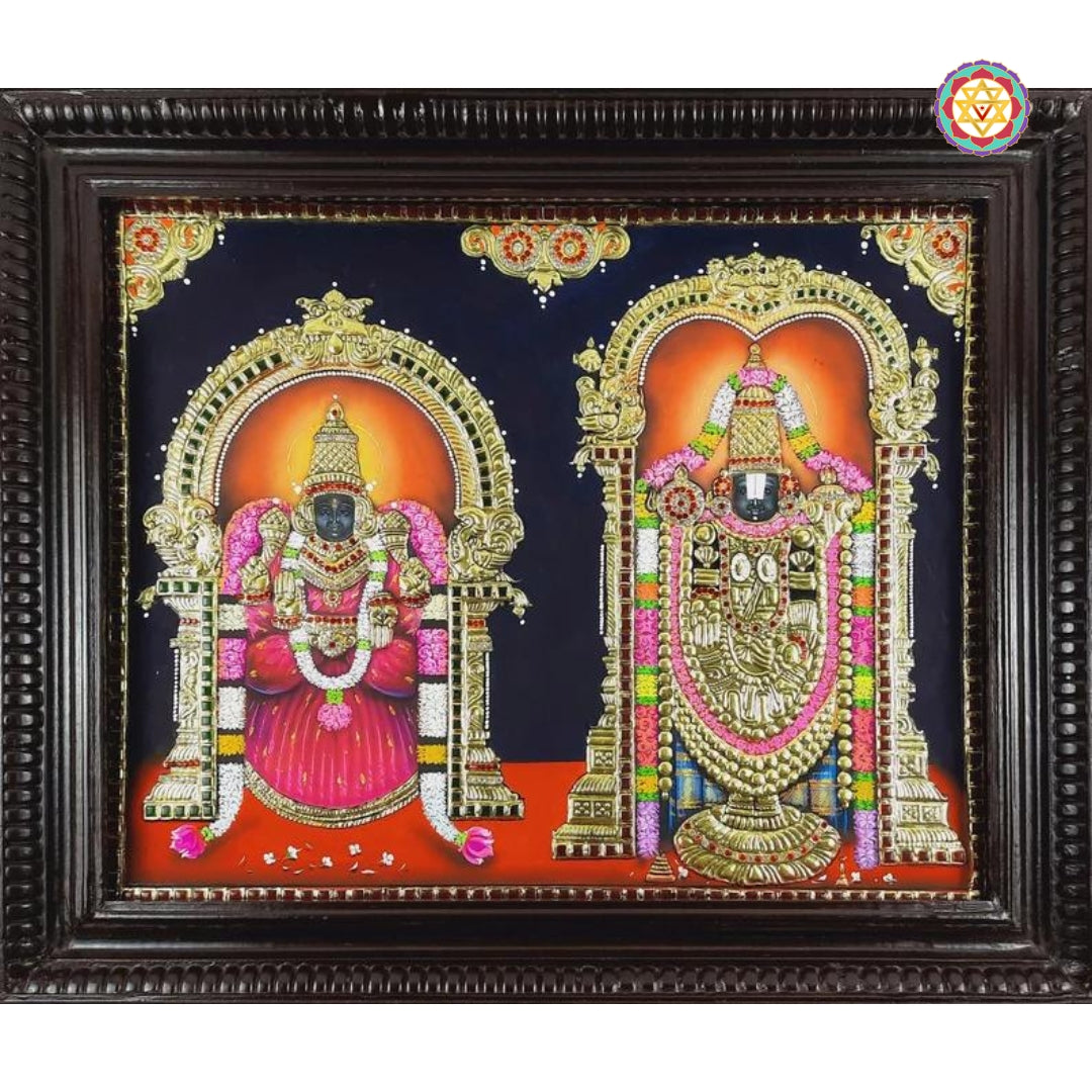 Padmavati and Balaji Tanjore painting with vibrant red, gold, and blue detailing