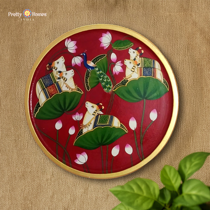 Handpainted Pichwai Wall Plate – Cows on Red Lotus Base