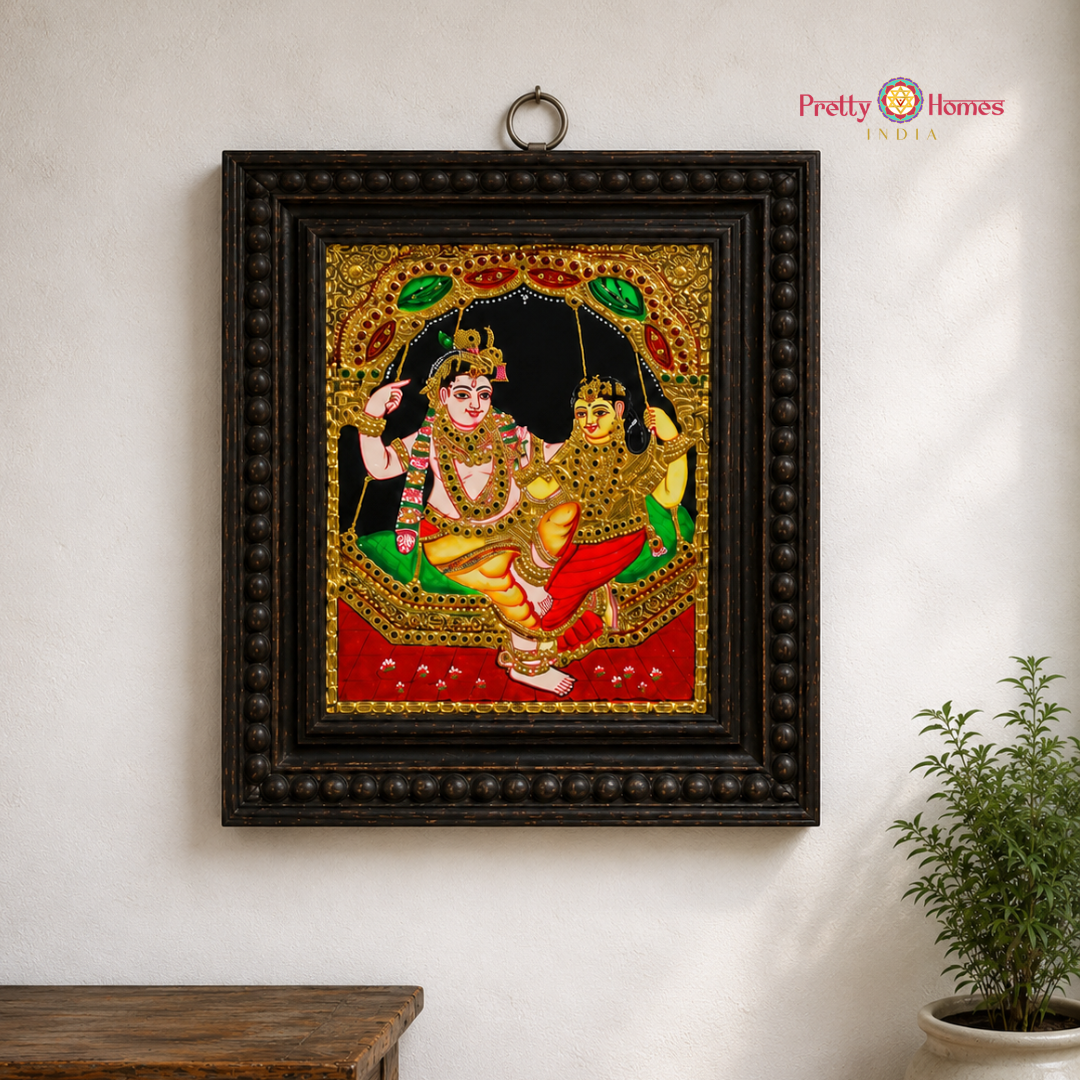 Chola-Style Lord Krishna & Radha on a Swing Tanjore in Real Gold