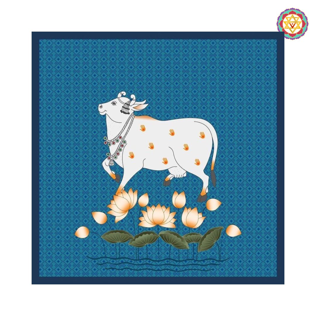 Angle view of blue lotus cow Pichwai artwork