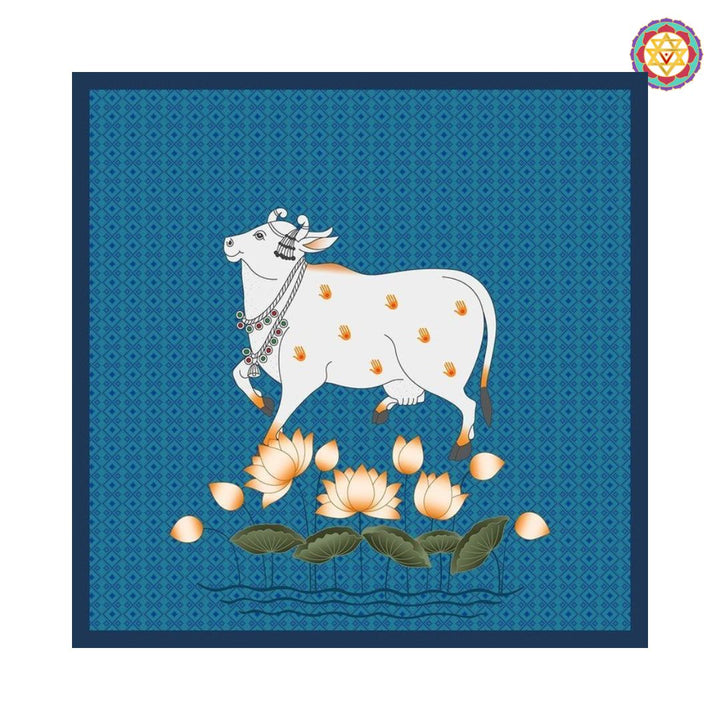 Small size handpainted pichwai - Blue Lotus and Cow
