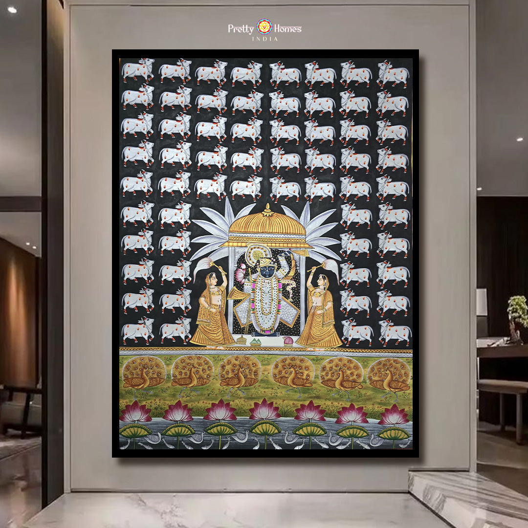hand-painted pichwai painting -Shrinathji with Cows and Gopikas